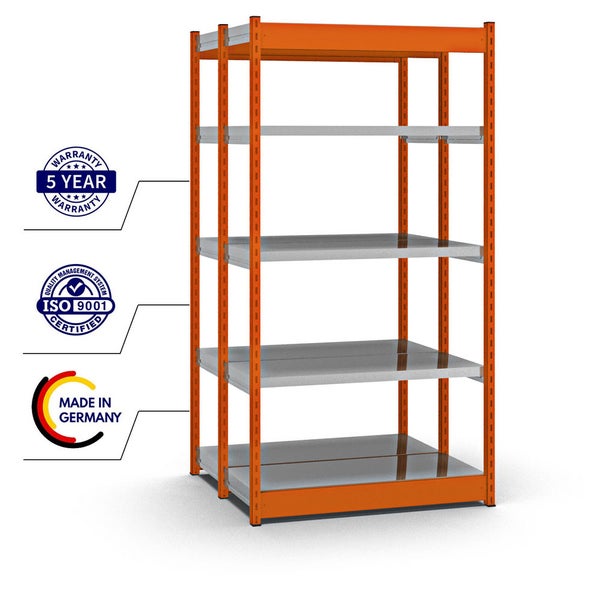 PROREGAL Fachbodenregal Stecksystem Vierkant-Profil Grundregal HxBxT 200 x 102,5 x 40 cm 2x5 Ebenen Doppelseitige Bauart Fachlast 200 kg Orange