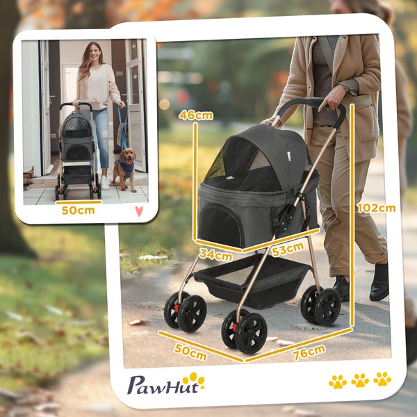 PawHut Hundewagen 3 in 1 Hundebuggy Faltbar Hundebox, klappbar Transporttasche mit Getränkehalter, Hunde Buggy, Katzenwagen mit 360° Räder Katzenbuggy für Mini Hunde unter 4 kg, Grau