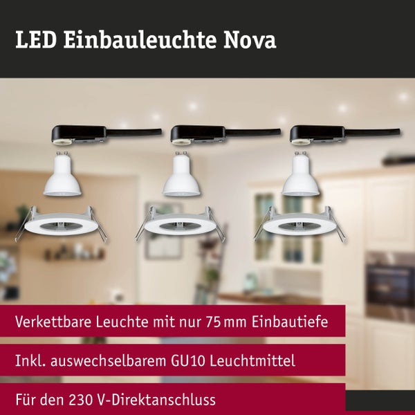 LED-Einbauleuchte Nova, verkettbar, 75 Millimeter Einbautiefe, inklusive GU10 Leuchtmittel, Anschlussbox und Einbaurahmen, für 230 Volt.