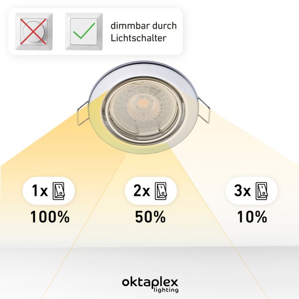 Einbaustrahler 3 stufig dimmbar Dijon Chrom LED Modul Nizza 4,8W 2700K 230V 380lm Warmweiß Schwenkbar Lochmaß 68mm