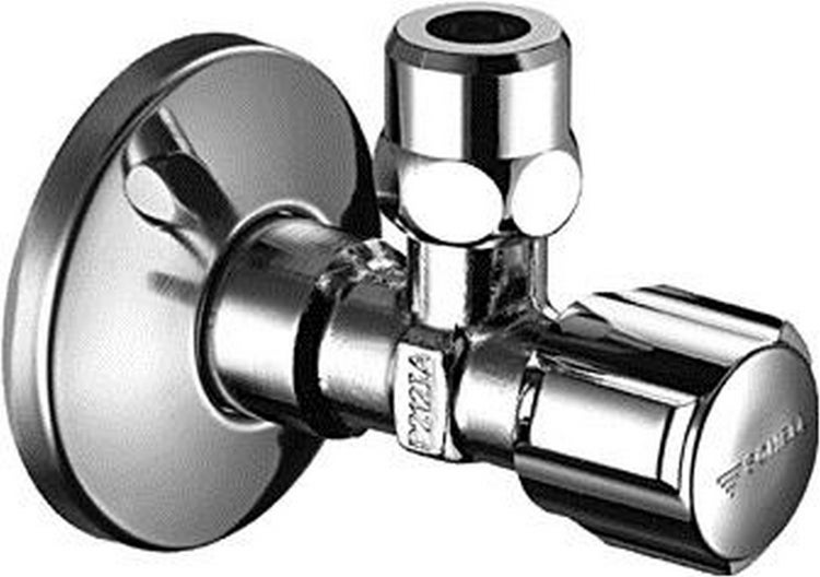 Eckventil aus verchromtem Metall mit Wandrosette und geriffeltem Drehgriff für Sanitärinstallationen.