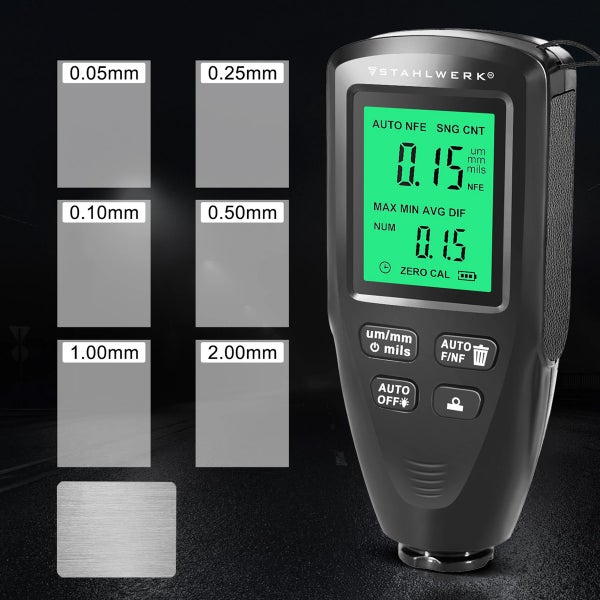 STAHLWERK Schichtdickenmessgerät mit Kalibrierfolien von 0,05 mm bis 2,00 mm