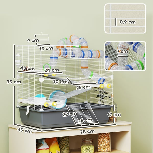 PawHut Hamsterkäfig 4 Etagen Nagerkäfig  Kleintierkäfig mit Laufrad Futternapf Tunnel Hütte Obertür, Kleintierstall Käfig für Hamster Syrischer Hamster 78 x 45 x 73 cm, Grau