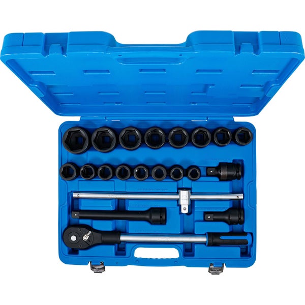 Steckschlüsselsatz mit Ratschengriff und Verlängerungen in blauem Koffer