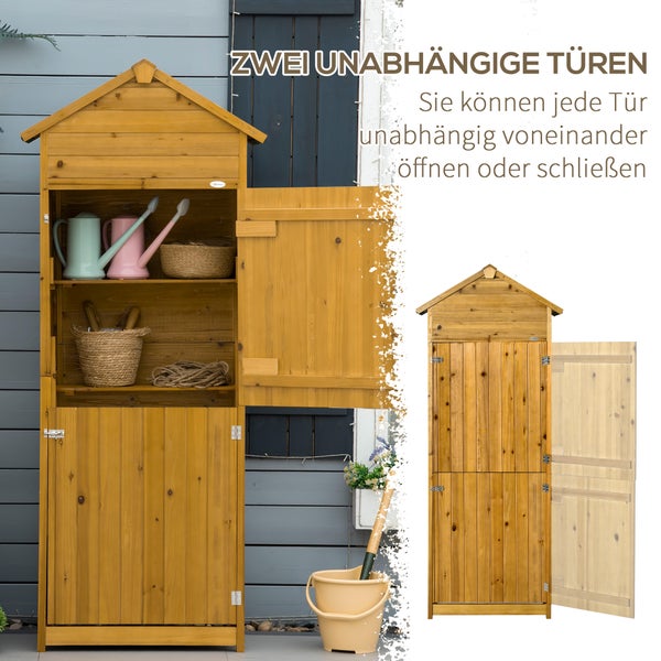 Outsunny Gartenschrank Holz, Geräteschuppen wetterfest 79x49x191,5cm, Gerätehaus mit Doppeltür, Satteldach, Geräteschrank mit Böden, Werkzeugschrank Gartenschuppen für Garten, Terrasse, Naturholz