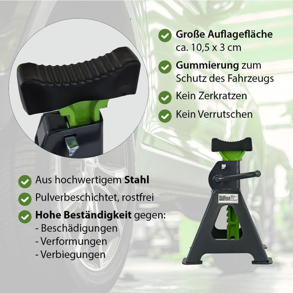 Unterstellbock aus Stahl mit Gummiauflage, Tragkraft Unterstellbock mit großer Auflageflaeche zur sicheren Fahrzeugabstutzung bei Reparaturen.