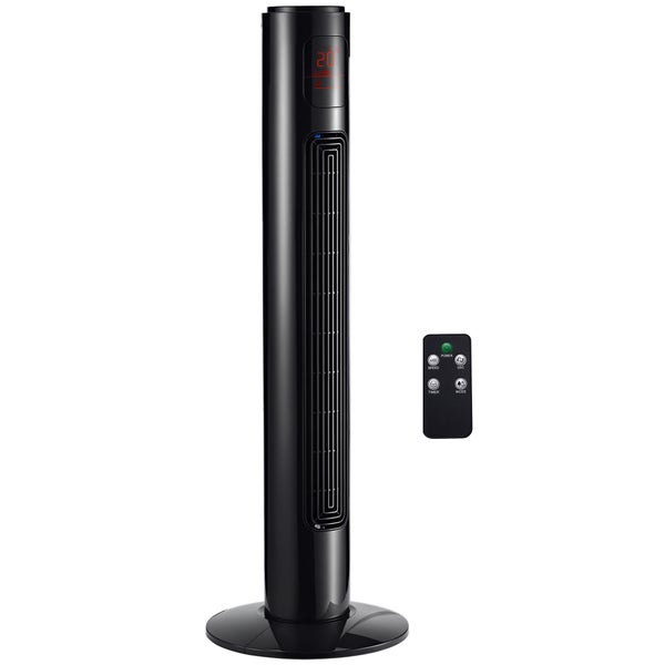 Schwarzer Turmventilator mit digitaler Temperaturanzeige und Fernbedienung.