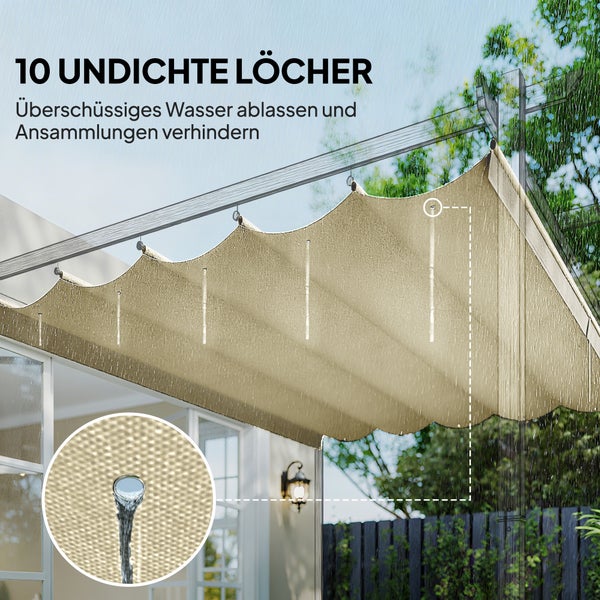 Sonnensegel für Pergola mit zehn Entwässerungslöchern zum Ablaufen von überschüssigem Wasser und zur Vermeidung von Wasseransammlungen.