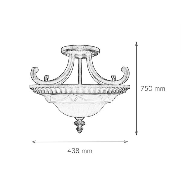 Technische Zeichnung einer Deckenleuchte mit den Maßen 438 mm Breite und 750 mm Höhe.