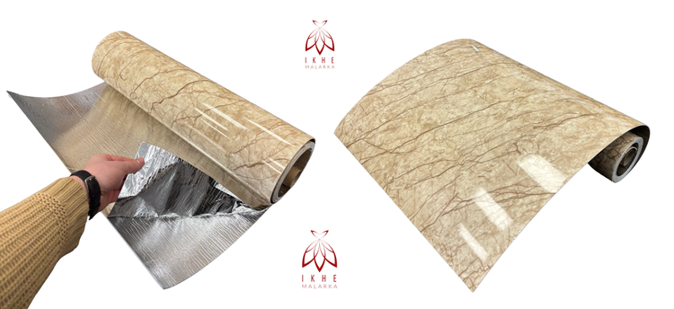 Abbildung einer Bodenbelagrolle mit Marmoroptik und Isolierschicht.