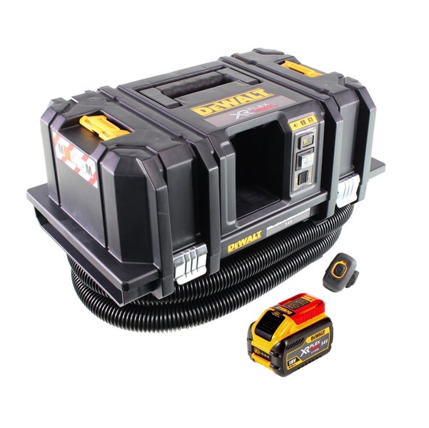 Schwarzer und gelber DeWALT XR FLEXVOLT Akku Staubsauger der Staubklasse M mit 54 Volt Akku, Fernbedienung und Saugschlauch. DeWALT Logo.