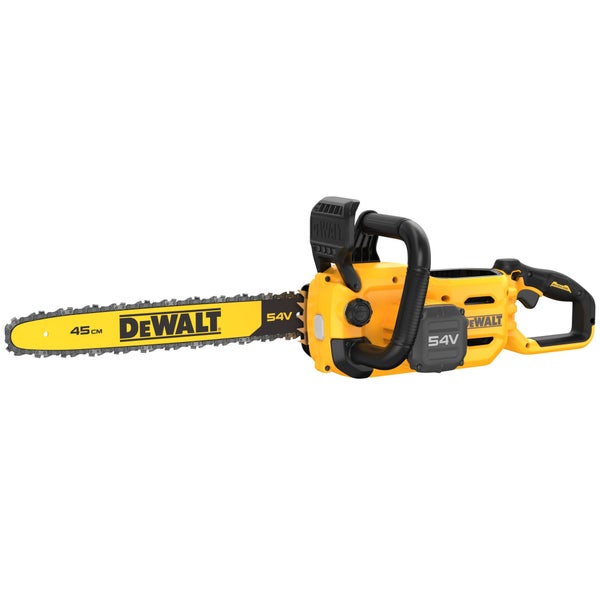 DeWalt Akku-Kettensäge mit 54 Volt Motor und einer Schwertlänge von 45 Zentimeter.