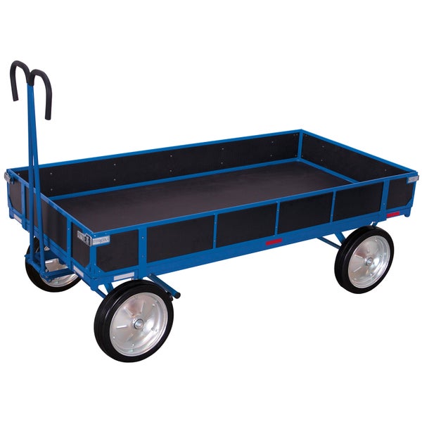 Blauer Bollerwagen mit schwarzen Seitenwänden und vier großen Rädern für den Transport.