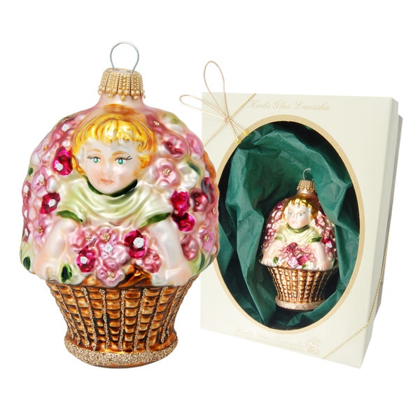 Multicolor 9cm Biedermeier Kind im Korb mit mehrfarbigem Dekor, Glasornament, mundgeblasen und aufwendig handdekoriert (1), 1 Stck., Weihnachtsbaumkugeln, Christbaumschmuck, Weihnachtsbaumanhänger