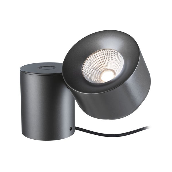 Moderner LED Strahler mit zylindrischem Kopf und verstellbarem Lichtaustritt zur Wand oder Deckenmontage mit Kabelanschluss.