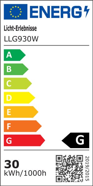 EU Energieeffizienzlabel für Licht Erlebnisse Modell LLG930W mit Energieeffizienzklasse G und einem Verbrauch von 30 Kilowattstunden pro 1000 Stunden