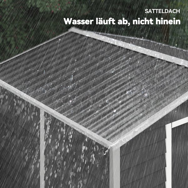 Offenes Metall-Gerätehaus mit Regal, Trittleiter und Schlauchwagen, gut organisiert.
