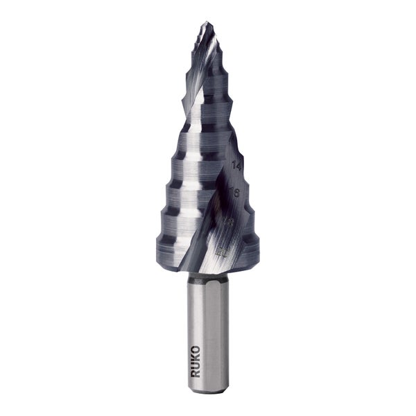 Ruko Stufenbohrer aus Metall mit zylindrischem Schaft und deutlich markierten Durchmessern von 14 bis 20 Millimetern.