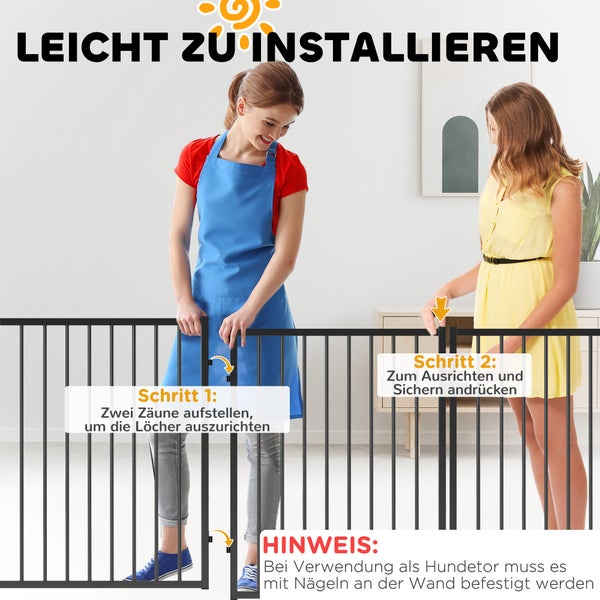 Zwei Personen montieren ein schwarzes Metallschutzgitter in einem hellen Raum. Die Grafik zeigt zwei Schritte zur einfachen Verbindung der Elemente.