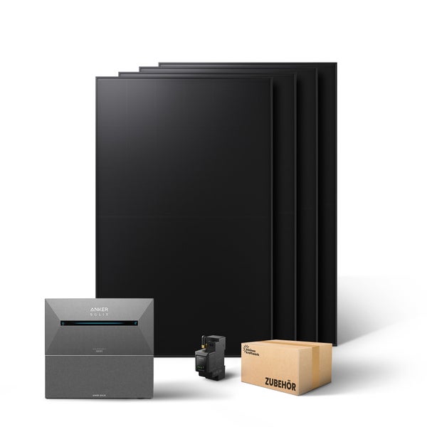 Balkonkraftwerk Set bestehend aus vier Solarmodulen, einer Anker Solix Solarbank, einem Smart Meter und einer Zubehörbox von Kleines Kraftwerk.