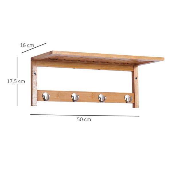 HOMCOM Wandgarderobe Garderobe mit 4 Haken Ablage, Wandmontage platzsparend Garderobenpaneel 5 kg belastbar, für die Wand Flur Schlafzimmer 50 x 16 x 17,5 cm Naturholz