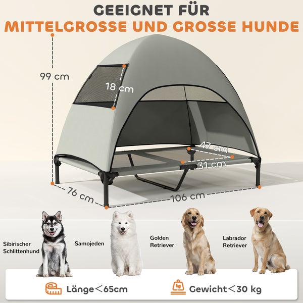 Geeignet für mittelgroße und große Hunde; Hundebett mit den Maßen 99 cm Höhe, 18 cm Fensterhöhe, 76 cm Tiefe, 106 cm Breite, 47 cm Bettbreite, 31 cm Betthöhe; geeignet für Hunde mit einer Länge unter 65 cm und einem Gewicht unter 30 kg