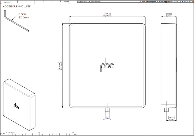Technische Zeichnung Abdeckung Wandplatte Stützklappgriff pba, Maße 112,8 mal 125,1 mal 23 Millimeter, inklusive Inbusschlüssel.