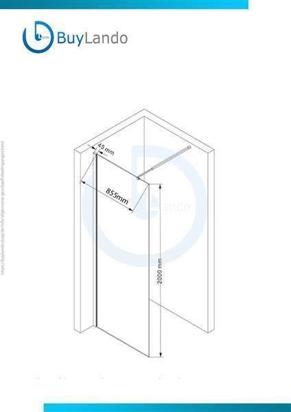 Technische Zeichnung einer Walk-In Duschwand mit Maßen 855 Millimeter mal 2000 Millimeter. BuyLando Logo.