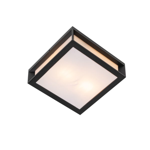 Quadratische Decken- und Wandleuchte mit schwarzem Rahmen und weißem Diffusor.