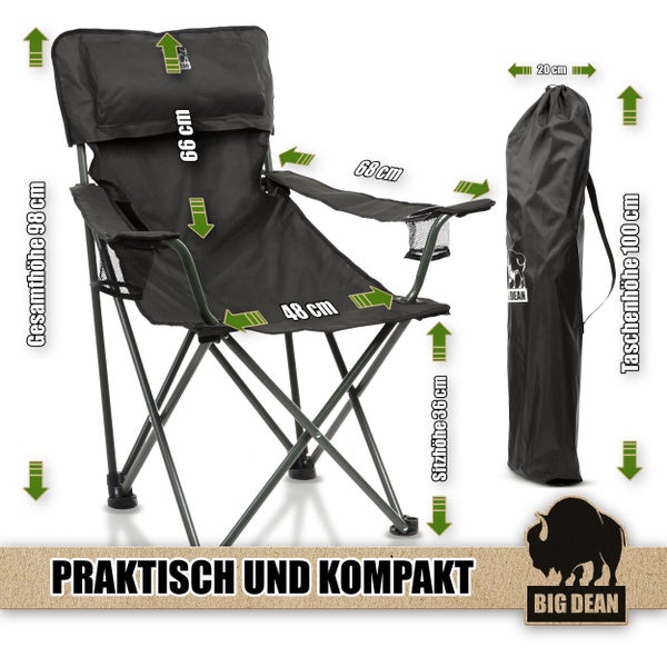 Campingstuhl mit Tasche und Maßangaben