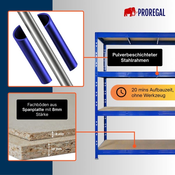 Blaues PROREGAL Regal, pulverbeschichteter Stahlrahmen, 8 Millimeter Spanplattenböden, 20 Minuten Montage ohne Werkzeug, PROREGAL Logo.