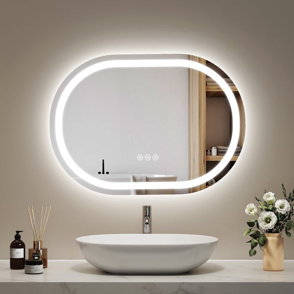 EMKE LED Badspiegel 50x70 cm Oval, 3 Lichtfarben einstellbar, dimmbar, Touch-Schalter, Antibeschlag, Memory-Funktion, flexibel montierbar, IP44, für Badezimmer