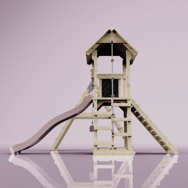 Spielturm aus Holz mit Rutsche, Strickleiter und Kletterwand