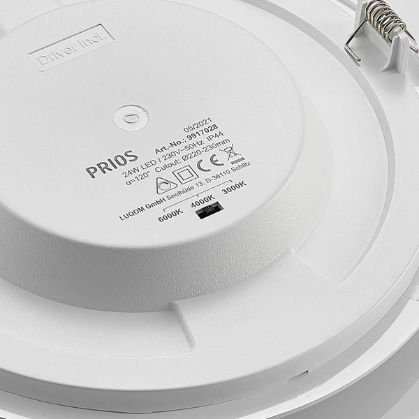 Prios LED-Einbauleuchte Rückseite mit Schalter für Farbtemperatur 3000 Kelvin, 4000 Kelvin und 6000 Kelvin sowie technischen Angaben.