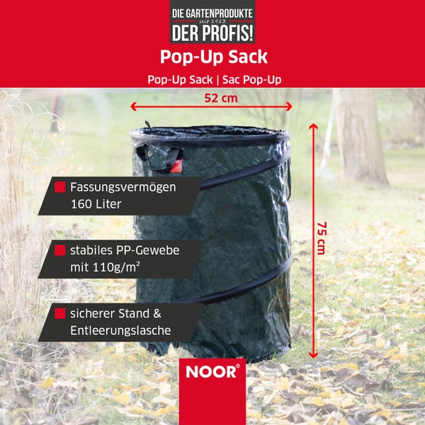 Gartenabfallsack POP-UP - 160 Liter - Grün - Gartensack selbststehend und faltbar - reißfester Laubsack zum Transport von Gartenabfällen
