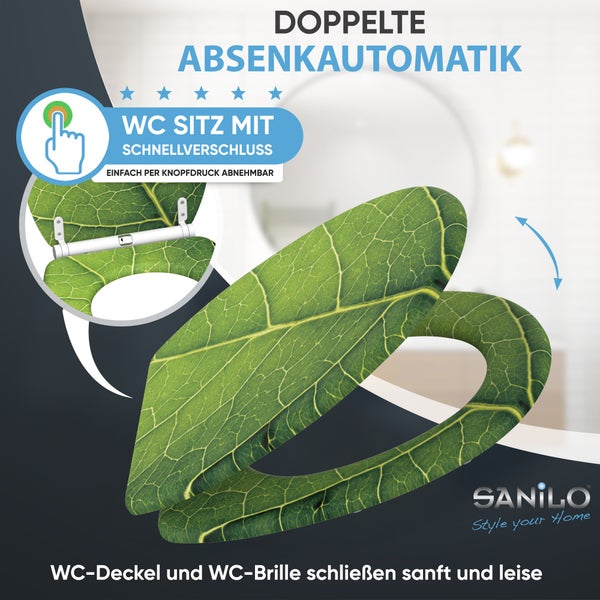 WC Sitz mit Blattmotiv, doppelter Absenkautomatik und Schnellverschluss zur einfachen Montage von Sanilo.