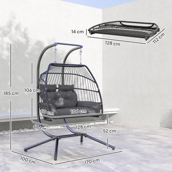 Outsunny Hängesessel mit Gestell faltbar Hängekorb mit Kissen Polyrattan Ergonomisch Hängeschaukel für 2 Personen Outdoor Hängestuhl belastbar bis 260kg Sessel für Balkon Terrasse Dunkelgrau