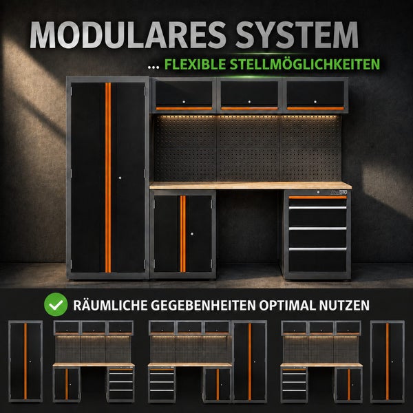 Modulares Werkstattsystem mit Hochschrank, Werkbank, Hängeschränken und Lochwand. Flexible Stellmöglichkeiten für optimale Raumnutzung.