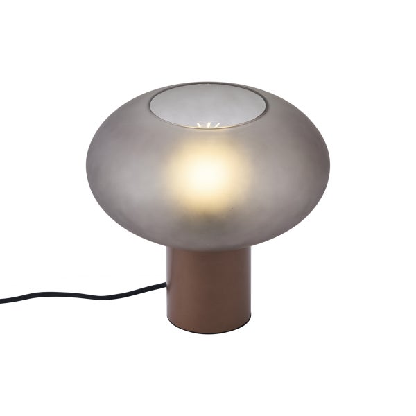 Tischleuchte in Pilzform mit rauchfarbenem Glasschirm und bronzefarbenem Metallsockel