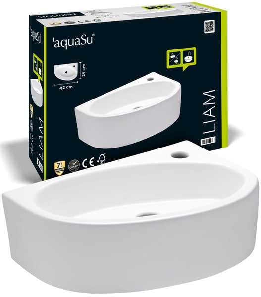aquaSu® Handwaschbecken Liam 42 cm | Eck-Waschtisch mit Hahnloch | Kleines Hänge-Waschbecken rund | Wand- oder Aufsatzmontage | 42 x 29 cm | Sanitärkeramik in weiß | 562188