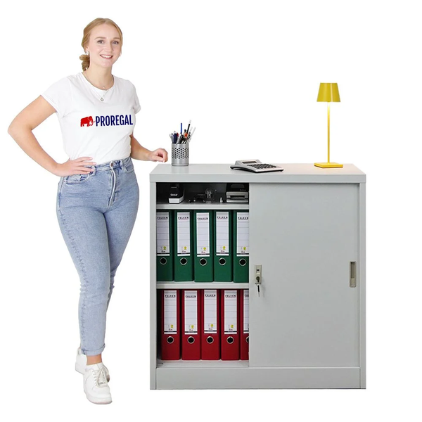 PROREGAL Mega Deal 3x Aktenschrank ELEPHANT mit Abschließbaren Schiebetüren HxBxT 90 x 90 x 40 cm 2 Fachböden Lichtgrau