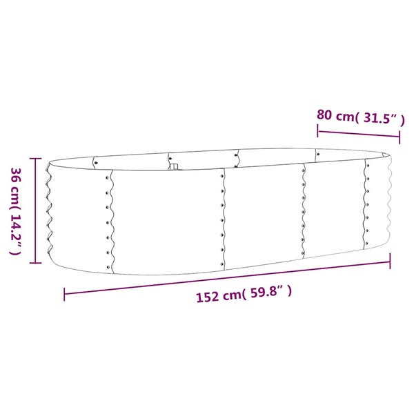Skizze eines ovalen Hochbeets aus Wellblech mit Maßen: Länge 152 Zentimeter, Breite 80 Zentimeter und Höhe 36 Zentimeter.