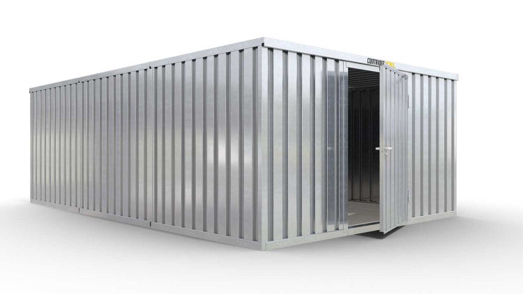 Lagercontainer Gerätehaus M3  – 18 qm, H2150 x B3050 x T6520 mm, verzinkt, mit Holzfußboden, 1270 mm Einflügeltür mittig in Breitseite, zerlegt