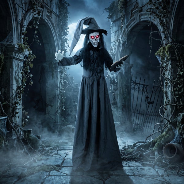 Halloween Dekofigur einer Hexe mit Totenkopfgesicht, leuchtenden Augen und Zauberbuch in einer Ruinenkulisse als gruselige Gartendekoration.