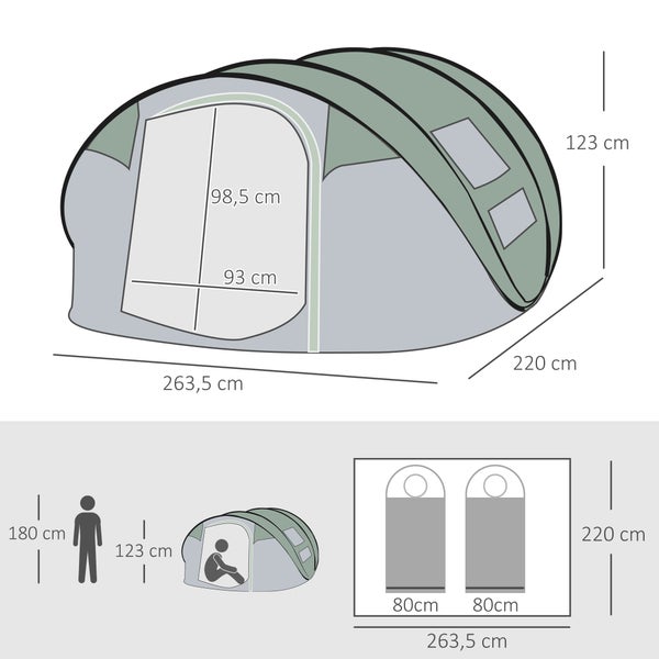 Outsunny Campingzelt, für 4-5 Personen, Kuppelzelt mit Heringen, 263,5 x 220 x 123 cm, Polyester, Dunkelgrün+Grau