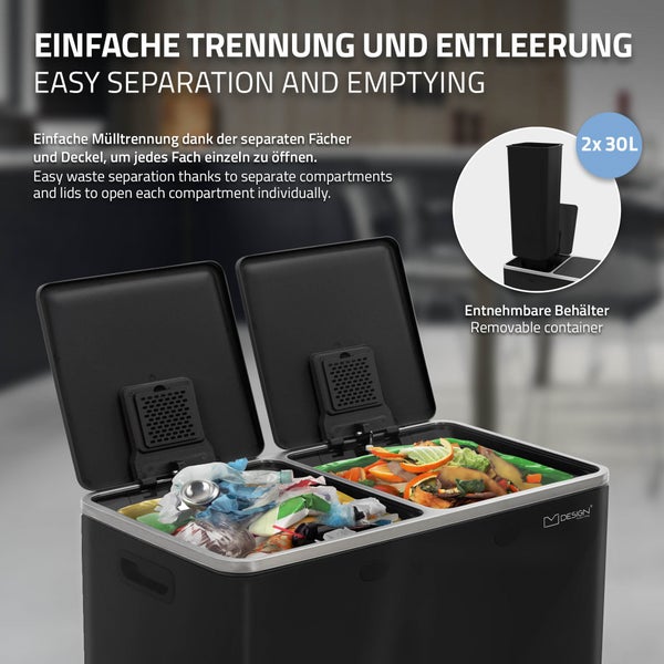 ML-Design Mülleimer Küche 2x 30L (60L), Schwarz glänzend, Mülltrennsystem 2 Fächer, Treteimer zur Mülltrennung, Abfalleimer aus Stahl, herausnehmbarer Kunststoff Inneneimer, Klappdeckel, Softclose