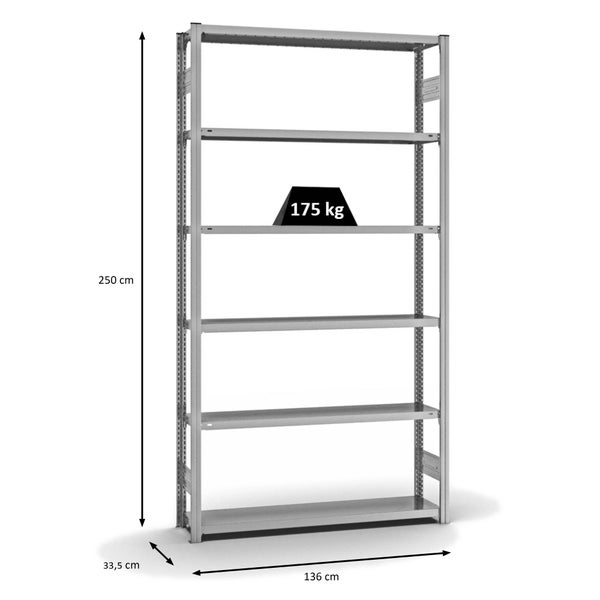 PROREGAL Fachbodenregal Stecksystem T-Profil Light-Duty Grundregal HxBxT 250 x 130 x 30 cm 6 Ebenen Fachlast 175 kg Beidseitig Nutzbar Verzinkt