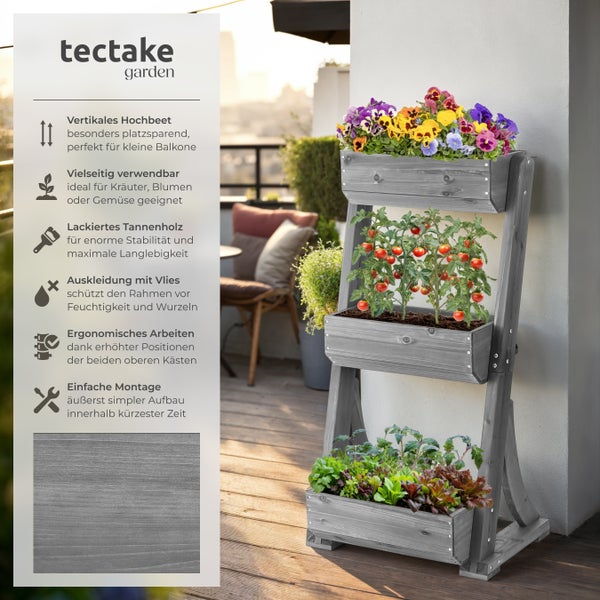 tectake garden Logo. Vertikales Hochbeet aus lackiertem Tannenholz mit drei Etagen, bepflanzt mit Blumen, Tomaten und Salat.