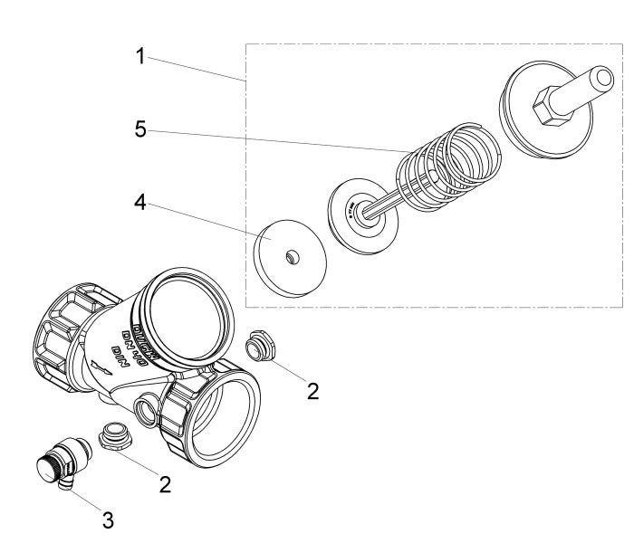Explosionszeichnung eines Rückstauverschlusses mit Einzelteilen wie Gehäuse, Dichtung, Feder und Ventilteller.
