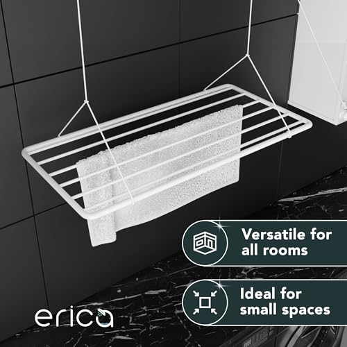 Erica Eric Wäscheständer Decke 100x50cm, Hängender Wäschetrockner mit 8 Metern Trocknungsoberfläche, Vertikal Zusammenklappbar 2.5 Meter, Metall mit PVC-freier Kunststoffbeschichtung, Weiß